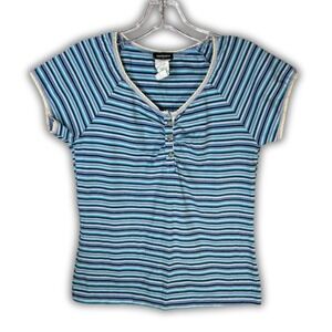 Y2K Vintage Babydoll Henley Baby Tee Lace Trim Blue Striped XL Vintage 2000s